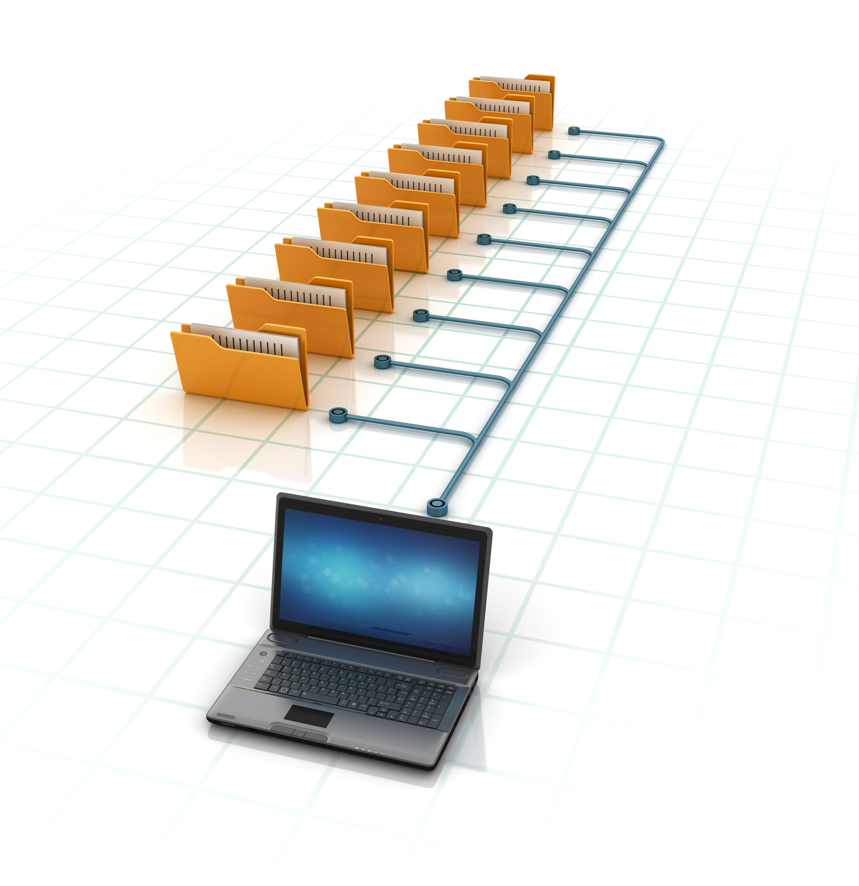 Laptop connected to multiple digital file folders, symbolising secure and efficient system setup for business data.